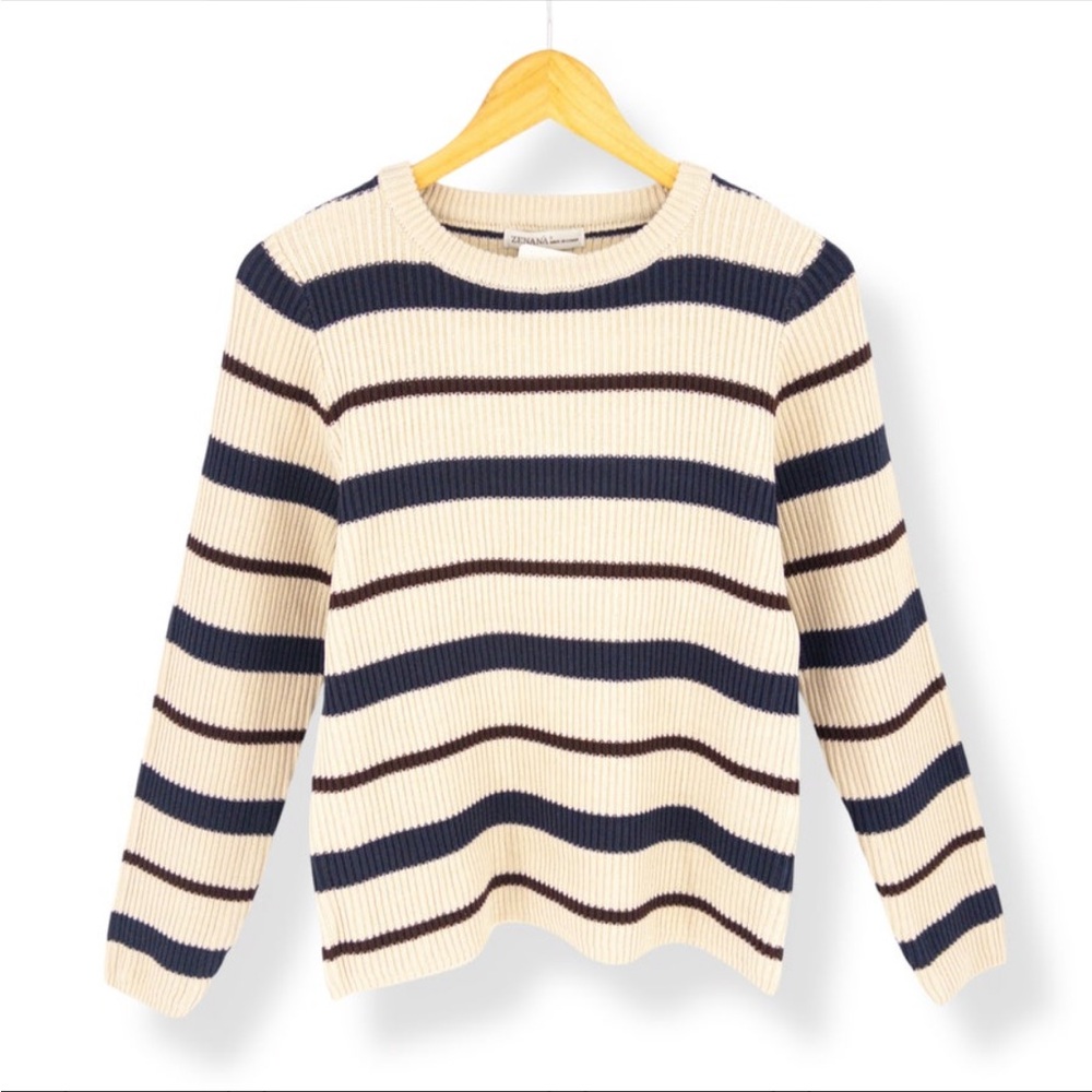 Zenana Striped Cream and Navy Sweater